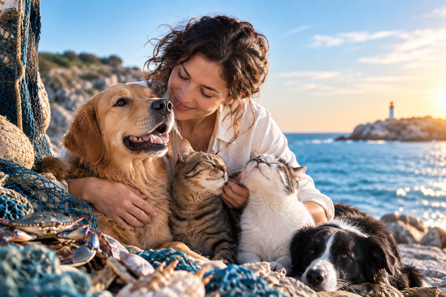 Chiens et chats au bord de la mer avec leur maîtresse